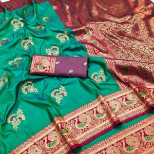 Enthralling Sea Green Paithani Silk Saree With Refreshing Blouse Piece