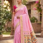 Traditional Baby Pink Paithani Silk Saree With Handwork Blouse Piece