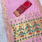 Traditional Baby Pink Paithani Silk Saree With Handwork Blouse Piece