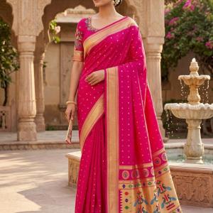 Elision Dark Pink Paithani Silk Saree With Handwork Blouse Piece