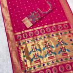 Elision Dark Pink Paithani Silk Saree With Handwork Blouse Piece