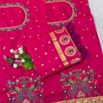 Elision Dark Pink Paithani Silk Saree With Handwork Blouse Piece