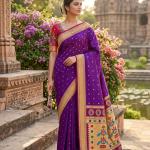 Sumptuous Purple Paithani Silk Saree With Handwork Blouse Piece