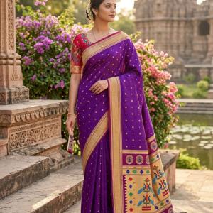 Sumptuous Purple Paithani Silk Saree With Handwork Blouse Piece