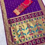 Sumptuous Purple Paithani Silk Saree With Handwork Blouse Piece