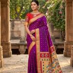 Prettiest Royal Purple Paithani Silk Saree With Handwork Blouse Piece