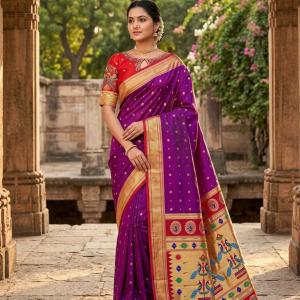 Prettiest Royal Purple Paithani Silk Saree With Handwork Blouse Piece