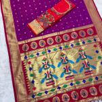 Prettiest Royal Purple Paithani Silk Saree With Handwork Blouse Piece