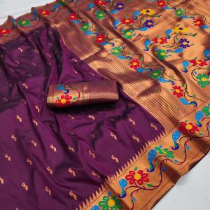 Pleasurable Wine Paithani Silk Saree With Symmetrical Blouse Piece