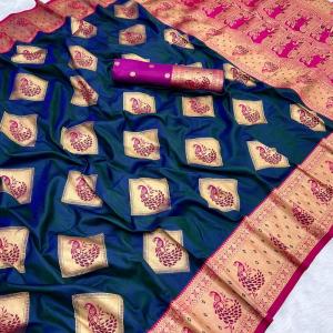 Zephyr Navy Blue Soft Banarasi Silk Saree With Ratatouille Blouse Piece