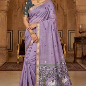 Unique Lavender Pure Munga Cotton Silk Saree With Diaphanous Blouse Piece