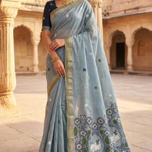 Stunning Sky Pure Munga Cotton Silk Saree With Palimpsest Blouse Piece