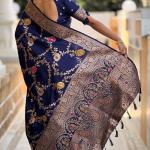 Stunner Navy Blue Soft Banarasi Silk Saree With Comely Blouse Piece