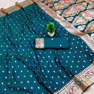 Murmurous Rama Soft Banarasi Silk Saree With Ideal Blouse Piece