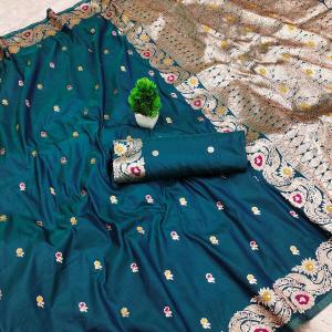 Serendipity Rama Soft Banarasi Silk Saree With Fragrant Blouse Piece