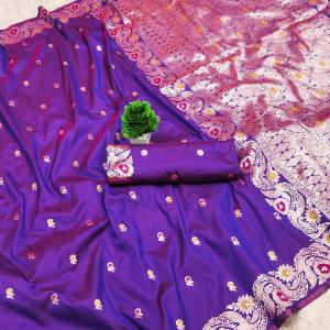 Vibrant Royal Purple Soft Banarasi Silk Saree With Breathtaking Blouse Piece