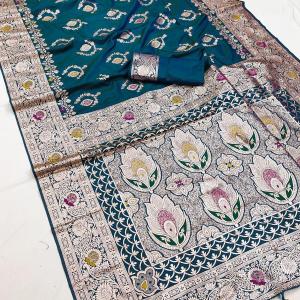 Lassitude Rama Soft Banarasi Silk Saree With Mesmeric Blouse Piece