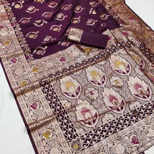 Smashing Wine Soft Banarasi Silk Saree With Dulcet Blouse Piece