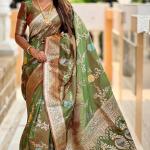 Prodigal Mehndi Soft Banarasi Silk Saree With Fantabulous Blouse Piece