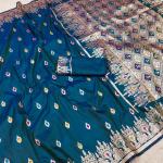 Glamorous Rama Soft Banarasi Silk Saree With Glowing Blouse Piece