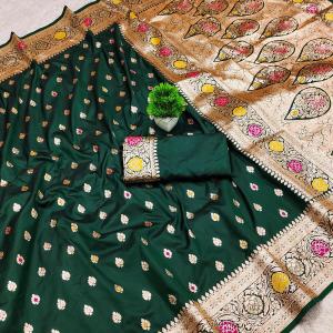 Evocative Dark Green Soft Banarasi Silk Saree With Symmetrical Blouse Piece