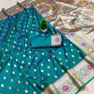 Pulsating Rama Soft Banarasi Silk Saree With Scrupulous Blouse Piece