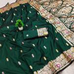 Prominent Dark Green Pure Banarasi Silk Saree With Outstanding Blouse Piece