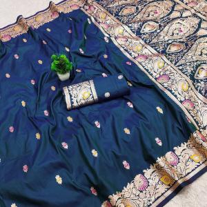 Supernal Navy Blue Pure Banarasi Silk Saree With Stylish Blouse Piece