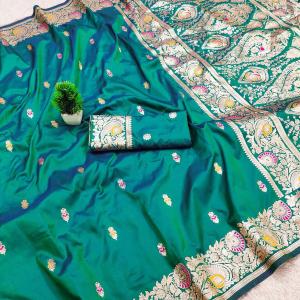 Lovely Sea Green Pure Banarasi Silk Saree With Scintillating Blouse Piece