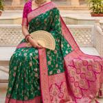 Pretty Green Pure Zari Weaving Banarasi Silk Saree With Whimsical Blouse Piece