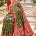 Exemplary Mehndi Pure Zari Weaving Banarasi Silk Saree With Alluring Blouse Piece
