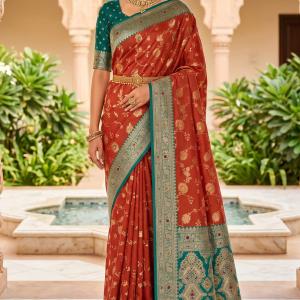 Dulcet Orange Pure Zari Weaving Banarasi Silk Saree With Splendorous Blouse Piece