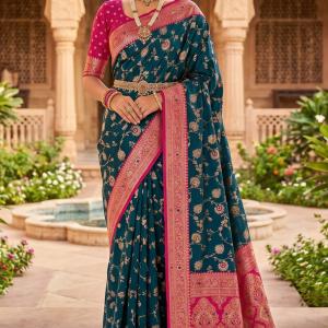 Luminous Rama Pure Zari Weaving Banarasi Silk Saree With Serendipity Blouse Piece