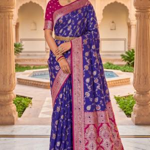 Zephyr Royal Blue Pure Zari Weaving Banarasi Silk Saree With Impressive Blouse Piece