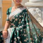 Glowing Dark Green Soft Banarasi Silk Saree With Radiant Blouse Piece