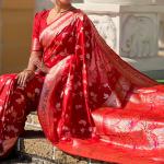 Ornate Red Soft Banarasi Silk Saree With Ephemeral Blouse Piece