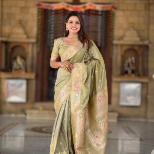 Imaginative Mehndi Soft Banarasi Silk Saree With Glittering Blouse Piece