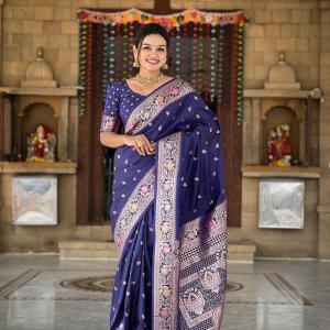 Panache Navy Blue Soft Banarasi Silk Saree With Rhapsodic Blouse Piece