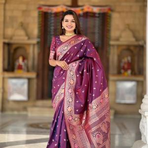 Sonorous Wine Soft Banarasi Silk Saree With Nectarous Blouse Piece
