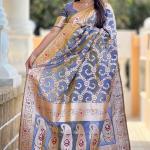 Staring Grey Soft Banarasi Silk Saree With Blooming Blouse Piece