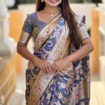 Staring Grey Soft Banarasi Silk Saree With Blooming Blouse Piece