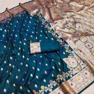 Majesty Teal Blue Soft Banarasi Silk Saree With Propinquity Blouse Piece