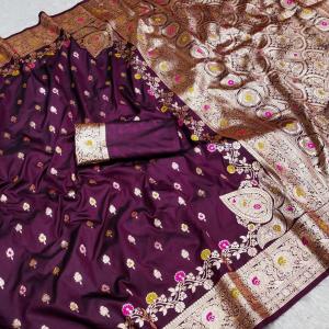 Prettiest Wine Soft Banarasi Silk Saree With Exuberant Blouse Piece