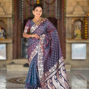 Pretty Dark Grey Soft Banarasi Silk Saree With Ratatouille Blouse Piece