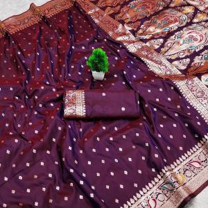 Lagniappe Purple Soft Banarasi Silk Saree With Eclat Blouse Piece