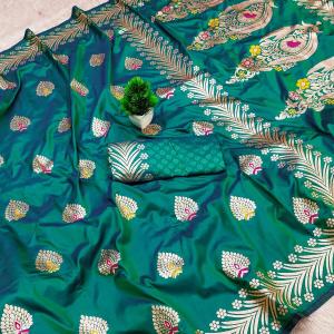 Splendiferous Rama Soft Banarasi Silk Saree With Stylish Blouse Piece