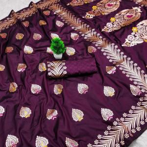 Vivacious Wine Soft Banarasi Silk Saree With Flameboyant Blouse Piece