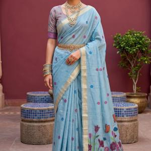 Ornate Sky Pure Munga Cotton Silk Saree With Supernal Blouse Piece