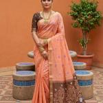 Exquisite Peach Pure Munga Cotton Silk Saree With Demanding Blouse Piece