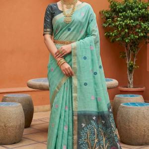 Glamorous Sea Green Pure Munga Cotton Silk Saree With Epiphany Blouse Piece